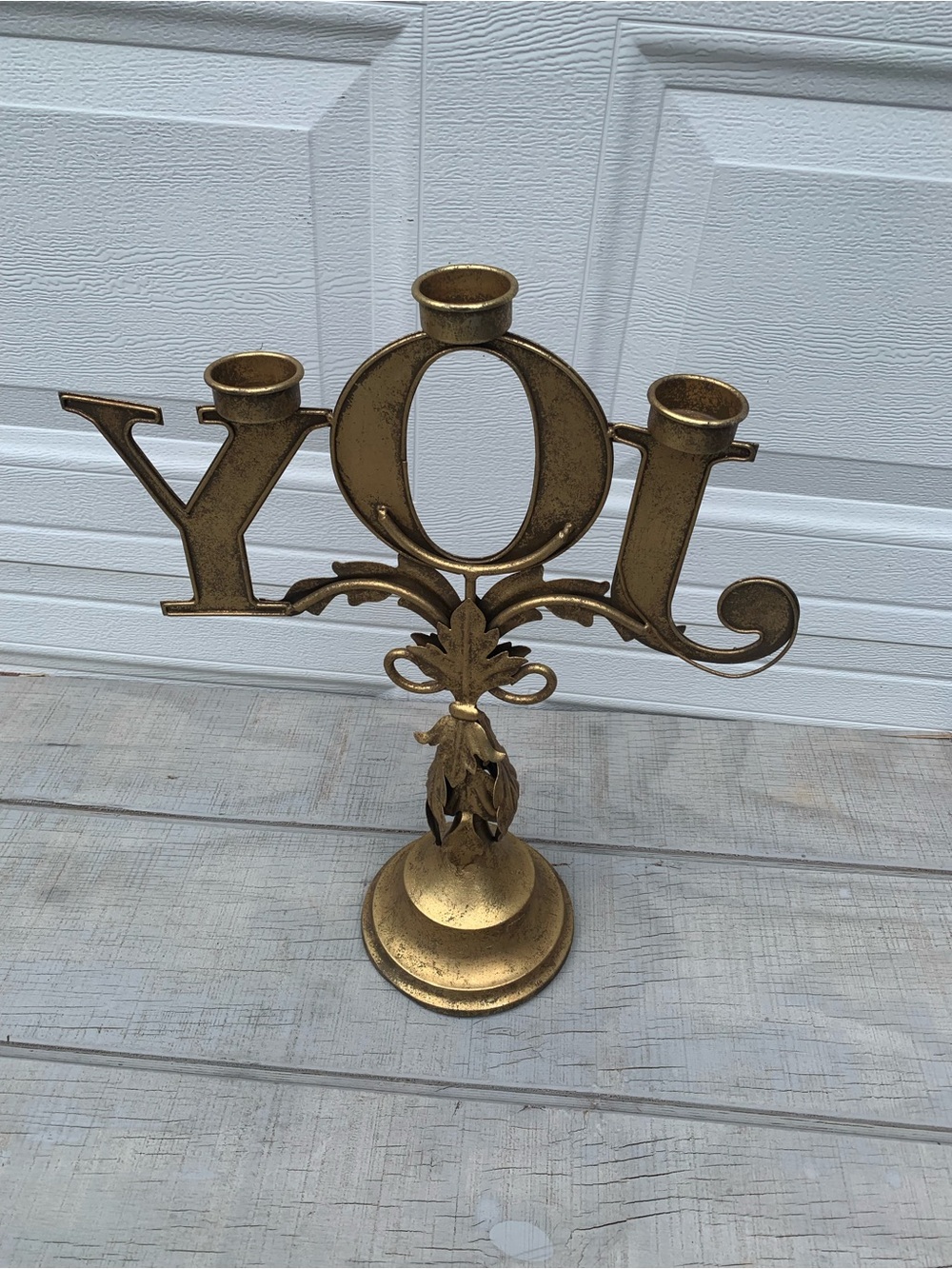 Vintage Gold”JOY”Metal Candelabra Taper 3-Arm Candle Holder Victorian Stand 19”